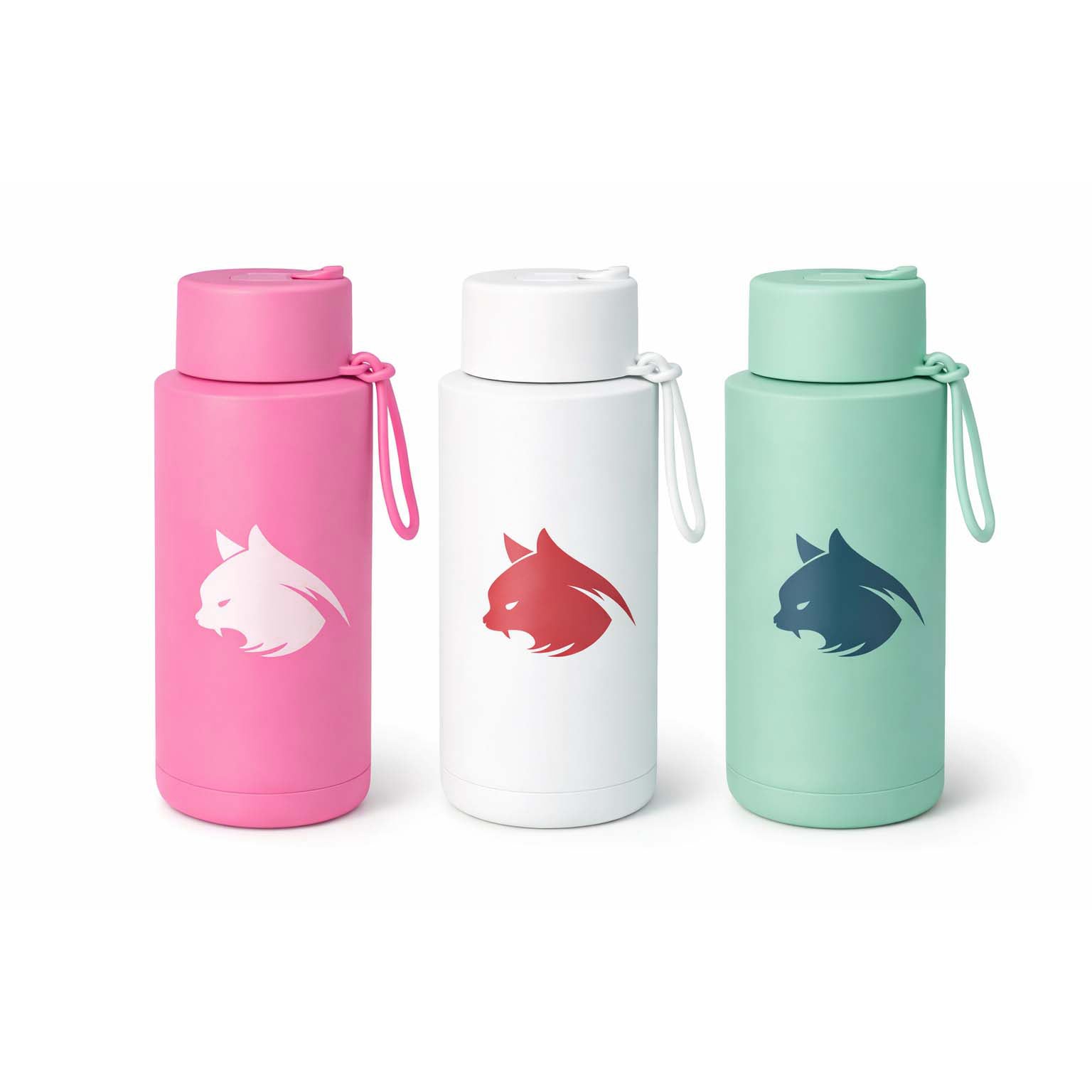 Three colorful water bottles with animal illustrations on a white background