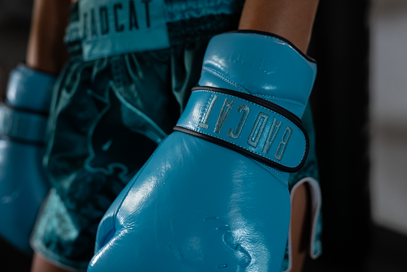 Blue boxing glove with 'Bad Cat' branding on a blurred background