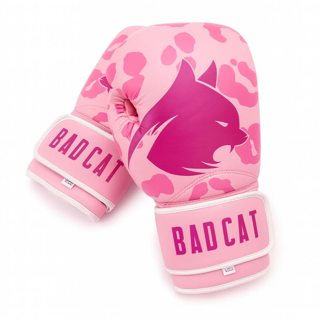 Pink leopard print boxing gloves with BAD CAT logo
