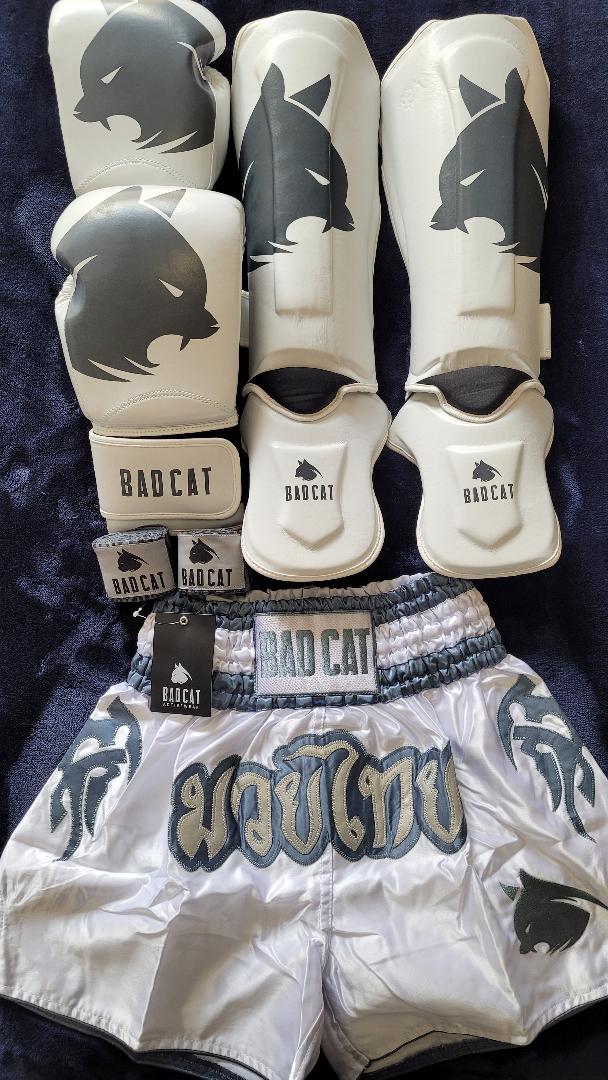 Boxing gear set with Bad Cat branding on a dark background