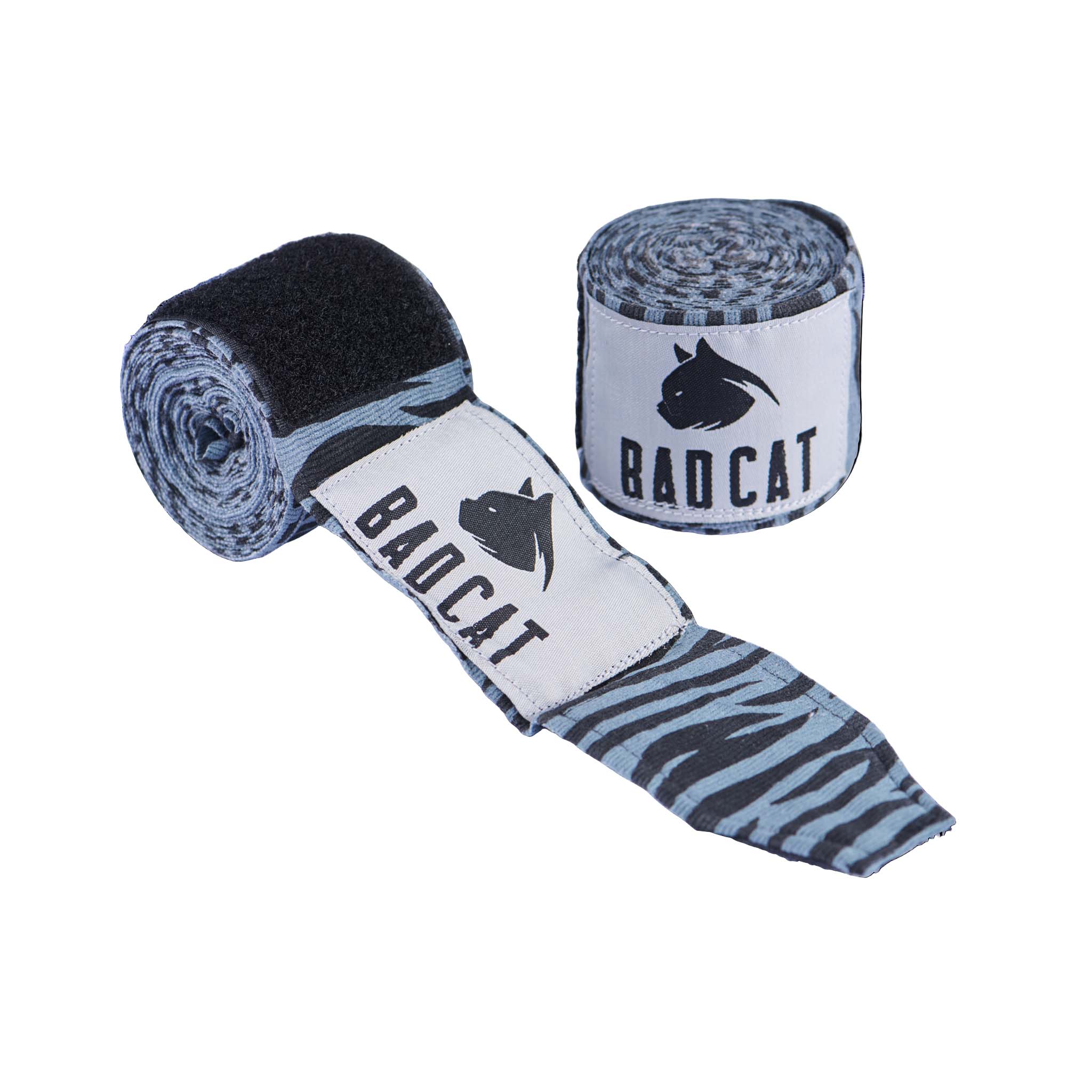 Black and grey boxing hand wraps with tiger stripe pattern
