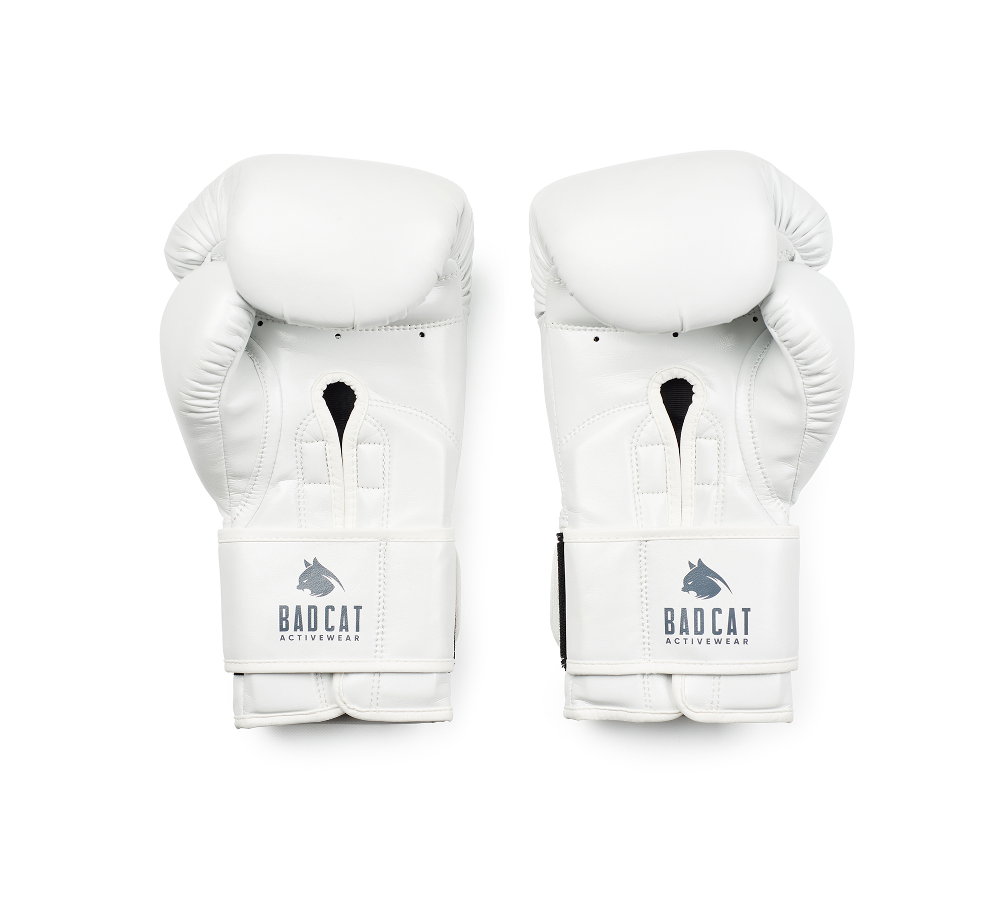 White boxing gloves with a grey BAD CAT logo on a white background