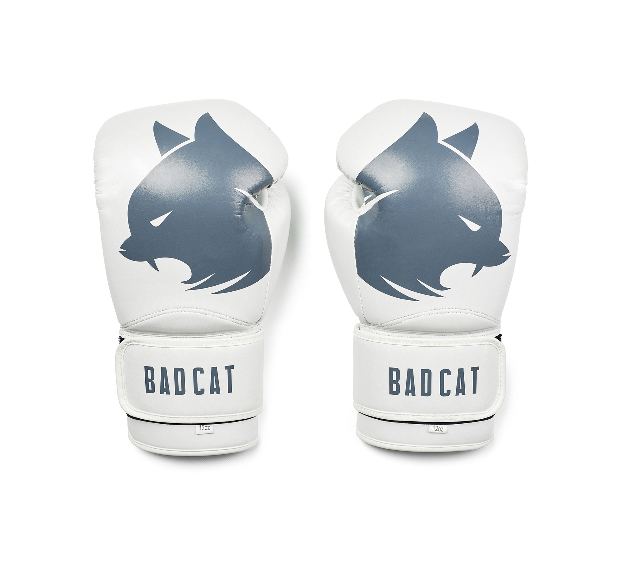 White boxing gloves with a grey BAD CAT logo on a white background