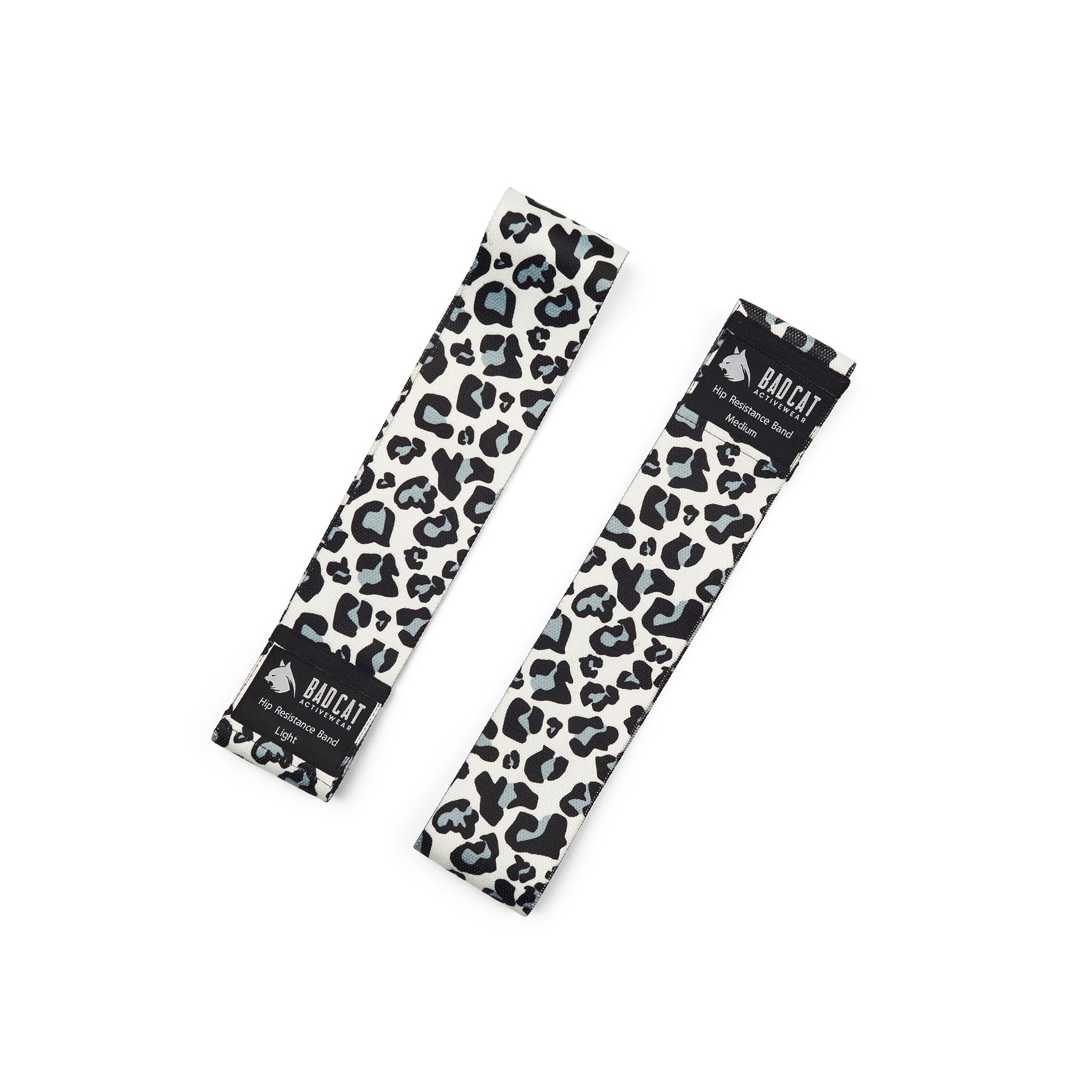 BAD CAT branded black and white leopard print resistance bands
