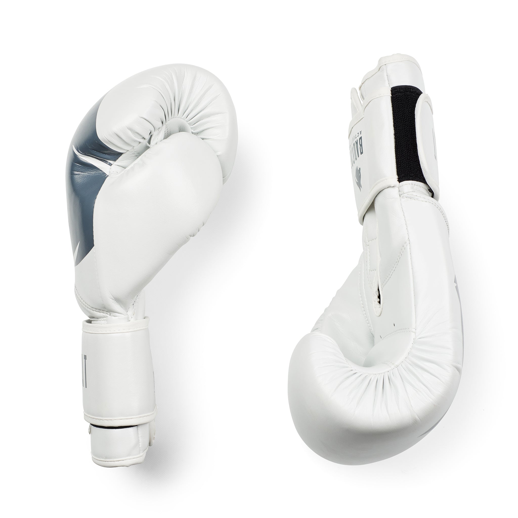 White boxing gloves with a grey BAD CAT logo on a white background